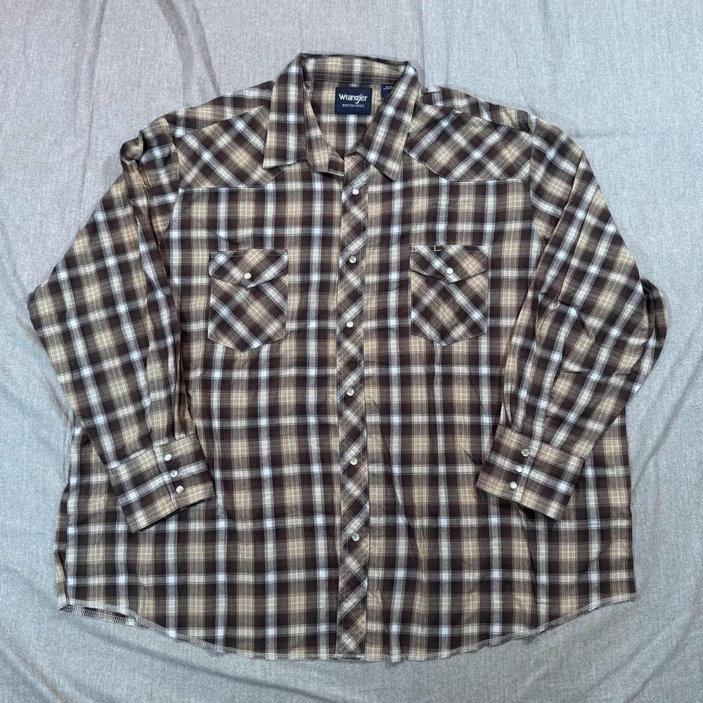 Wrangler Western Shirt‎ Mens 3XL Plaid Pearl Snap Pockets Long Sleeve Vintage